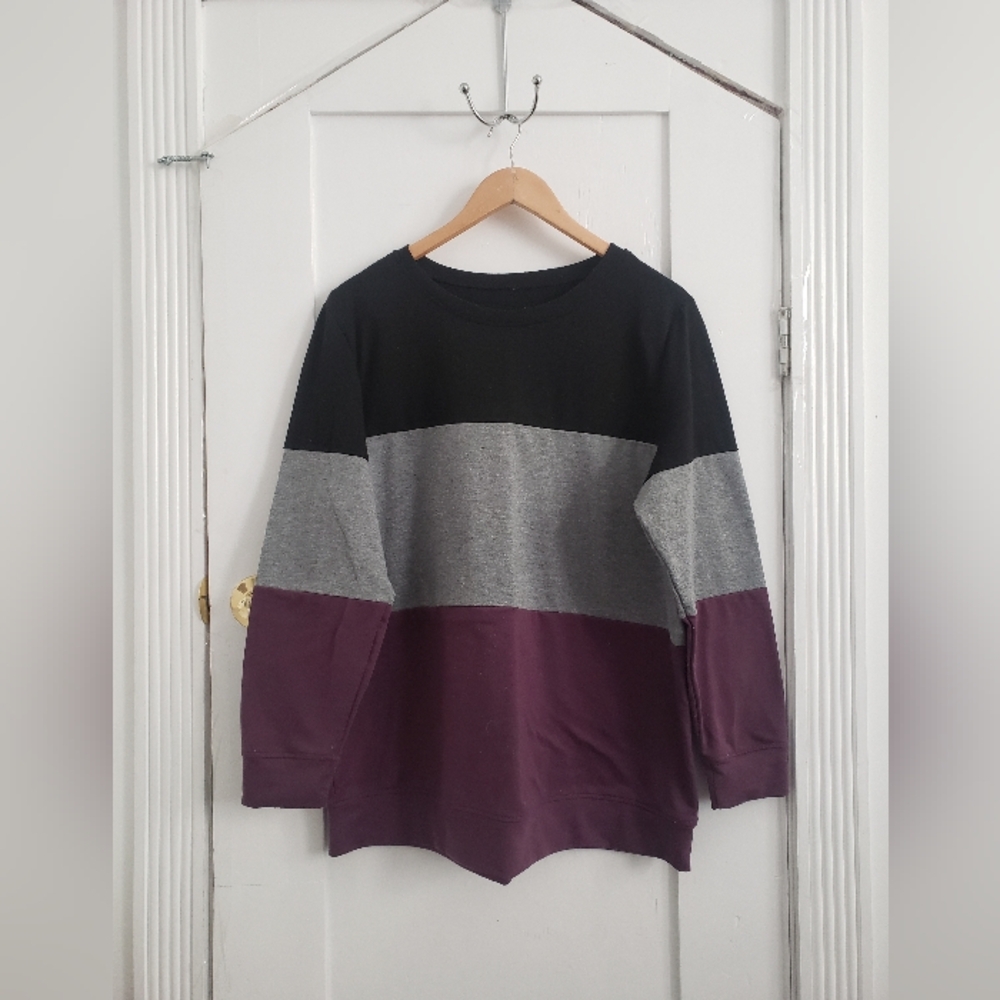 Crewneck Tri Colour Block Long Sleeve Sweater Purple Gray Black